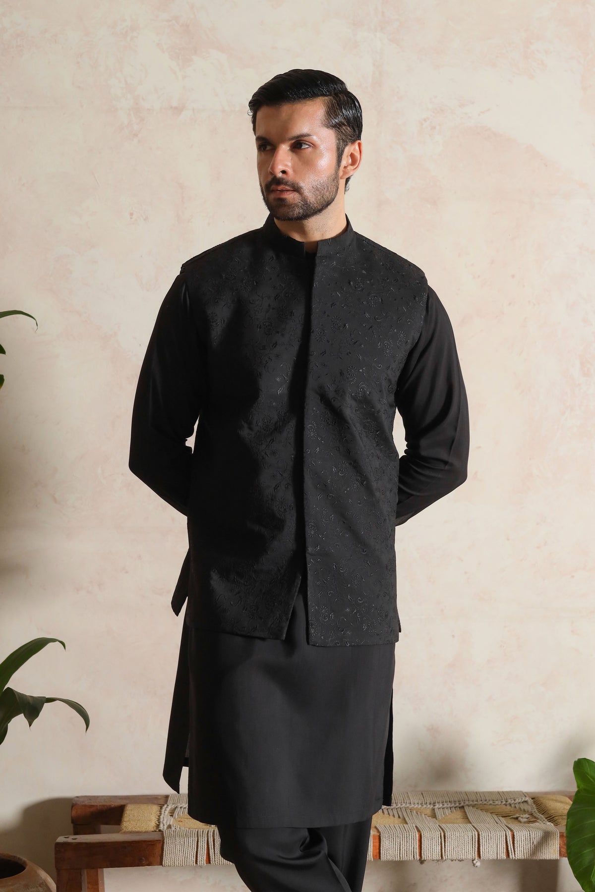 Black Embroidered Waistcoat with Kurta Trouser - Men