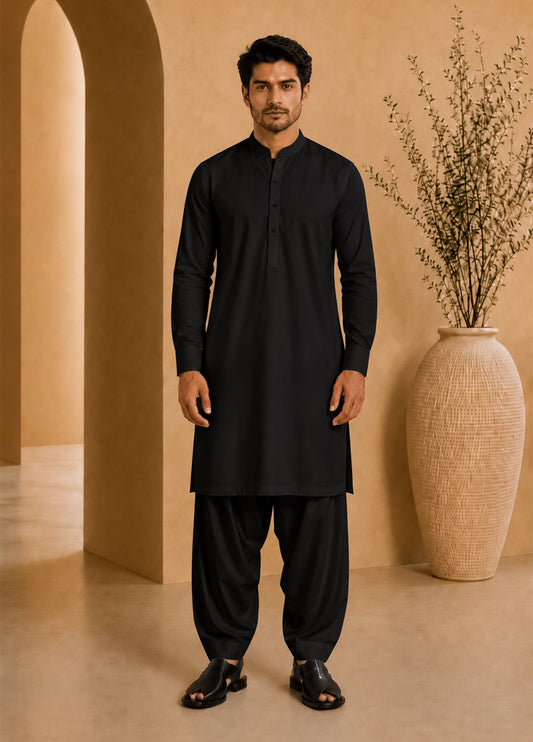 Black Cotton Shalwar Kameez - Stitched
