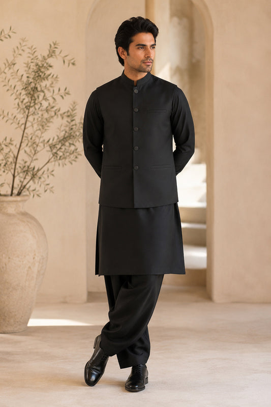 Black Kurta Shalwar with Suiting Waistcoat - Straight Cut - Men
