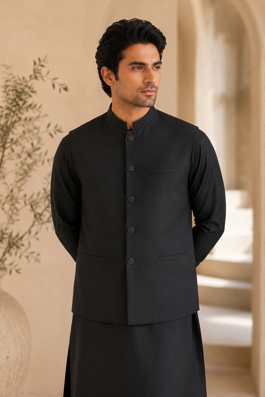 Black Suiting Waistcoat - Straight Cut Buttoned - Men