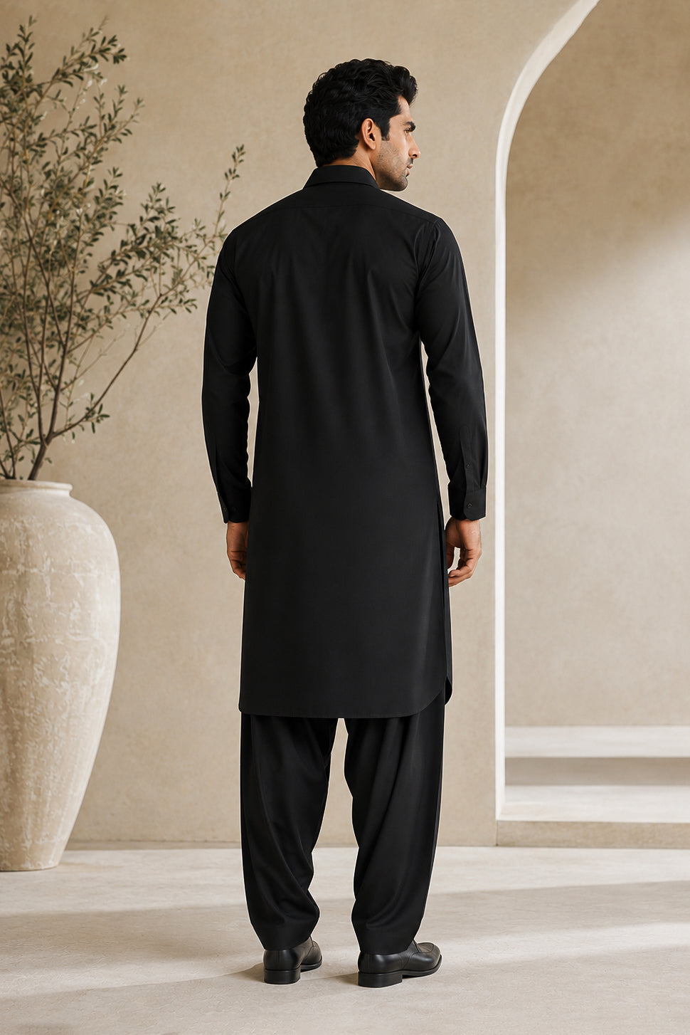 Black French Collar Shalwar Kameez - Stitched