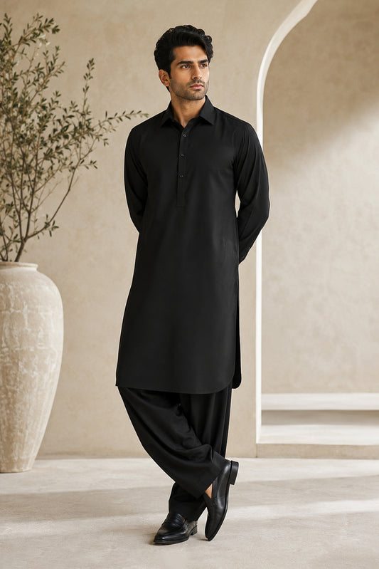Black French Collar Shalwar Kameez - Stitched