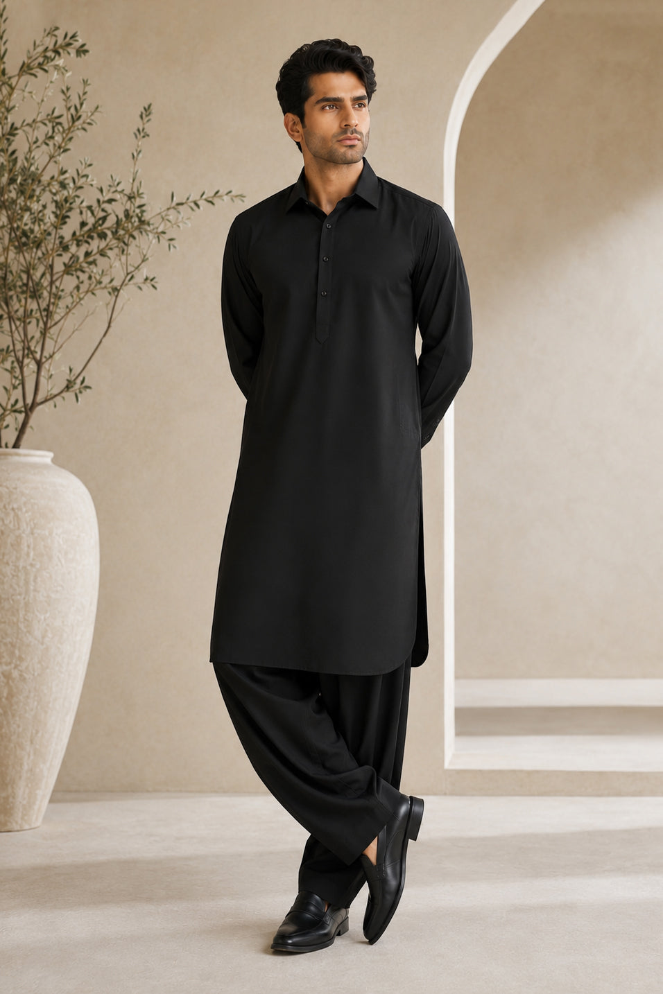 Black French Collar Shalwar Kameez - Stitched