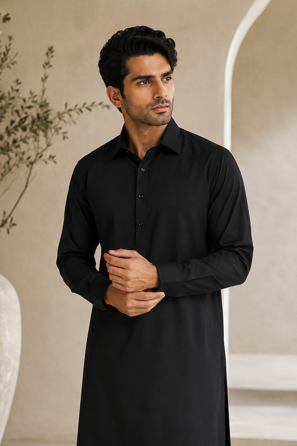 Black French Collar Shalwar Kameez - Stitched