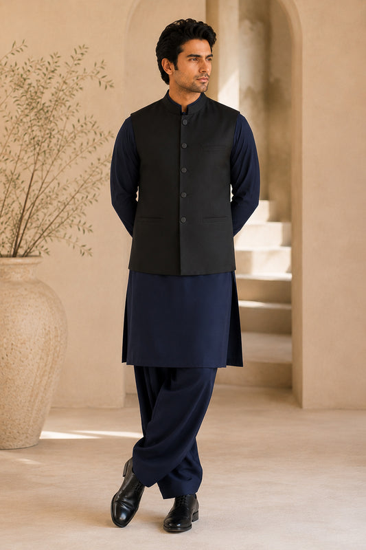 Navy Blue Kurta Shalwar with Black Suiting Waistcoat - Straight Cut - Men