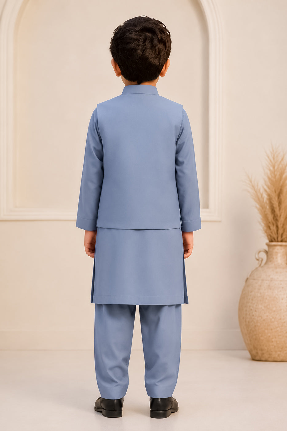 Bluish Gray Kurta Trouser with Blended Waistcoat - Round Cut & Matching Fabric Buttons - Kids
