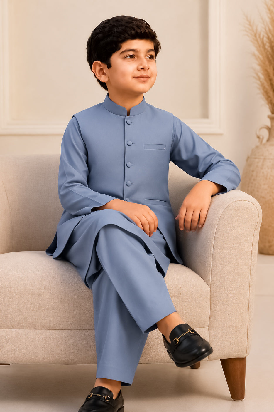Bluish Gray Kurta Trouser with Blended Waistcoat - Round Cut & Matching Fabric Buttons - Kids