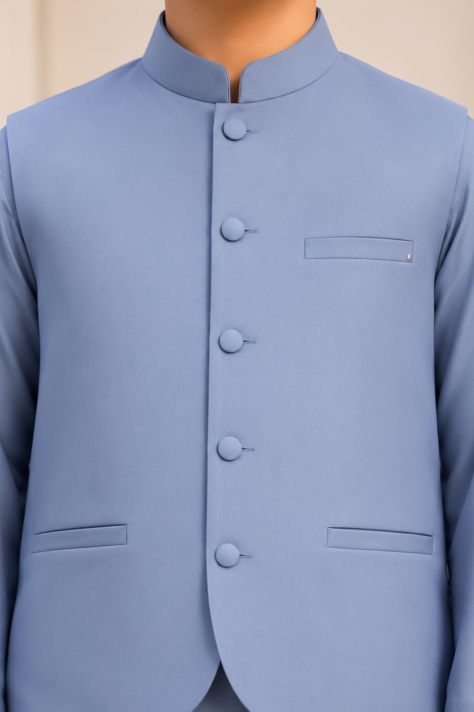 Bluish Gray Kurta Trouser with Blended Waistcoat - Round Cut & Matching Fabric Buttons - Kids