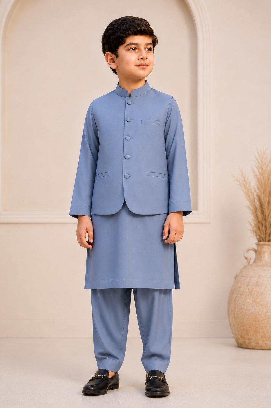 Bluish Gray Kurta Trouser with Blended Waistcoat - Round Cut & Matching Fabric Buttons - Kids