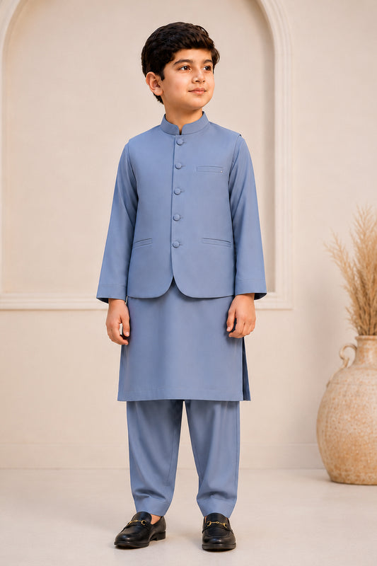 Bluish Gray Kurta Trouser with Blended Waistcoat - Round Cut & Matching Fabric Buttons - Kids