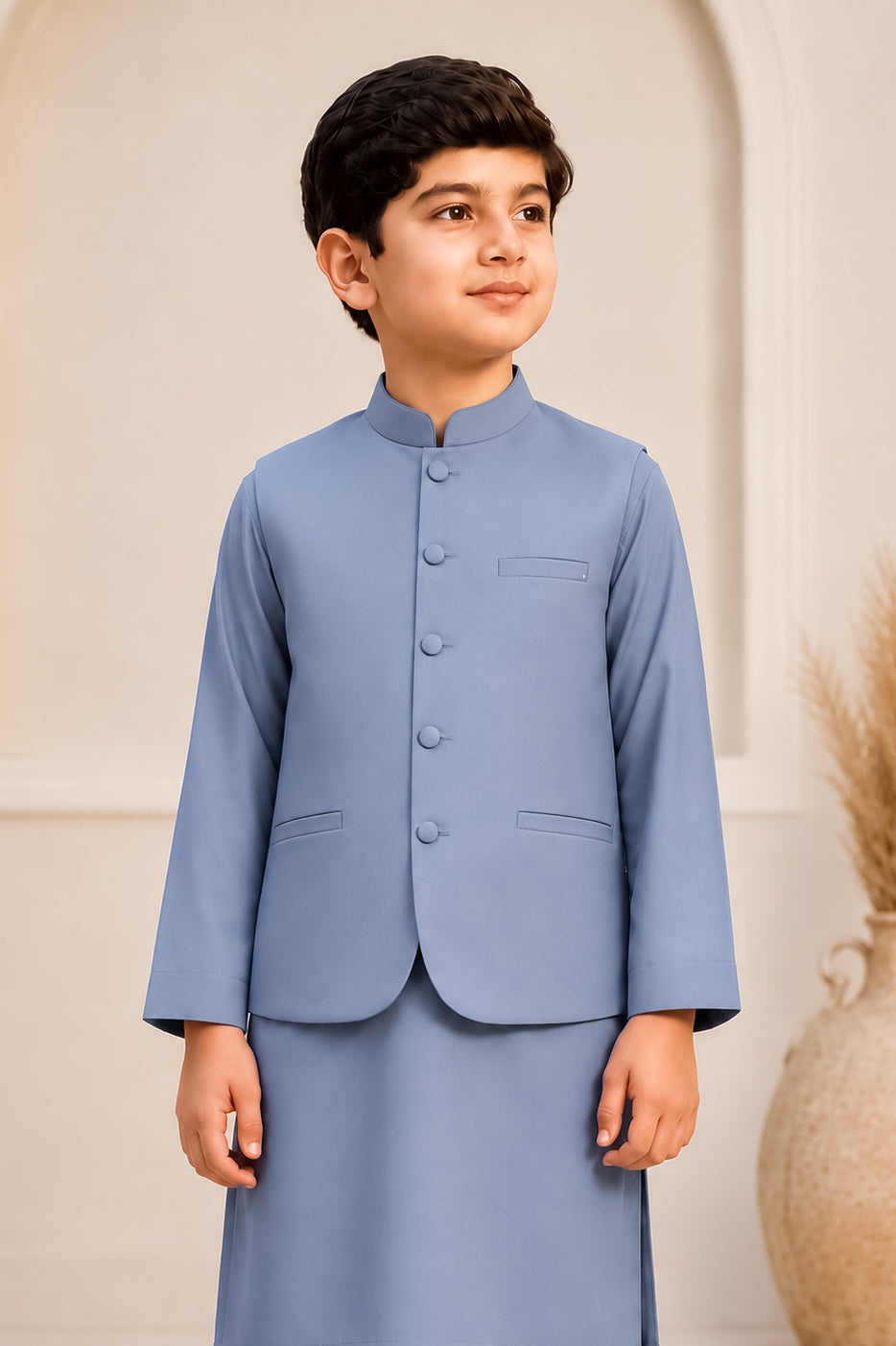 Bluish Gray Kurta Trouser with Blended Waistcoat - Round Cut & Matching Fabric Buttons - Kids