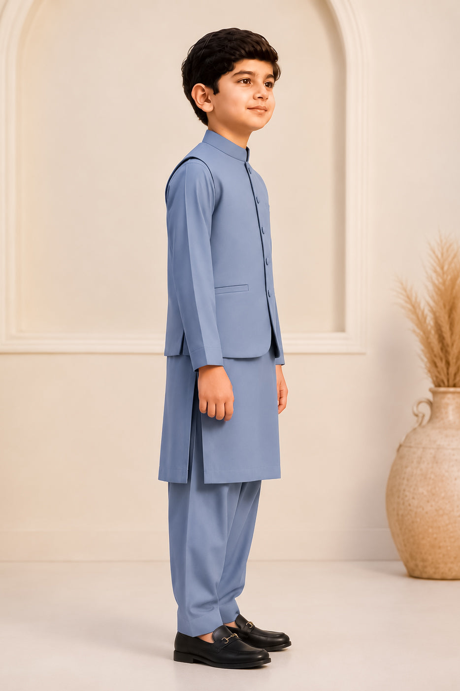 Bluish Gray Kurta Trouser with Blended Waistcoat - Round Cut & Matching Fabric Buttons - Kids
