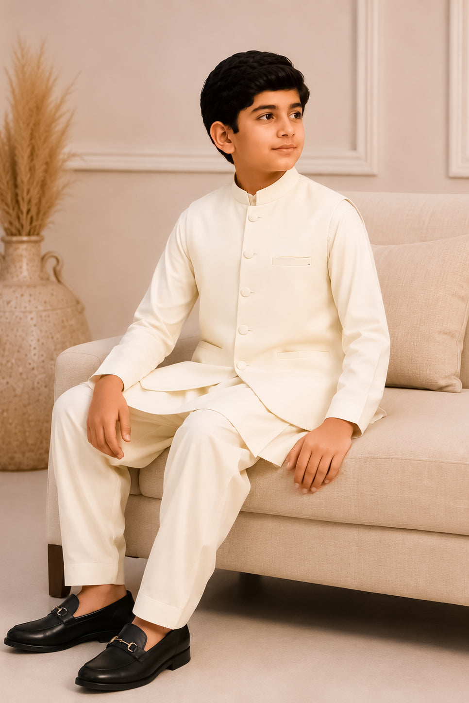 Bosky Kurta Trouser with Blended Waistcoat - Round Cut & Matching Fabric Buttons - Kids