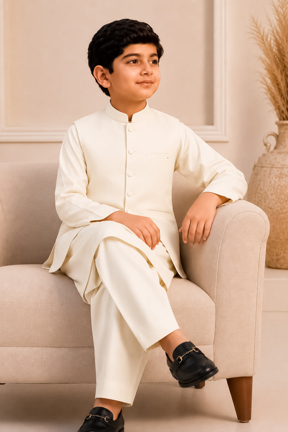 Bosky Kurta Trouser with Blended Waistcoat - Round Cut & Matching Fabric Buttons - Kids