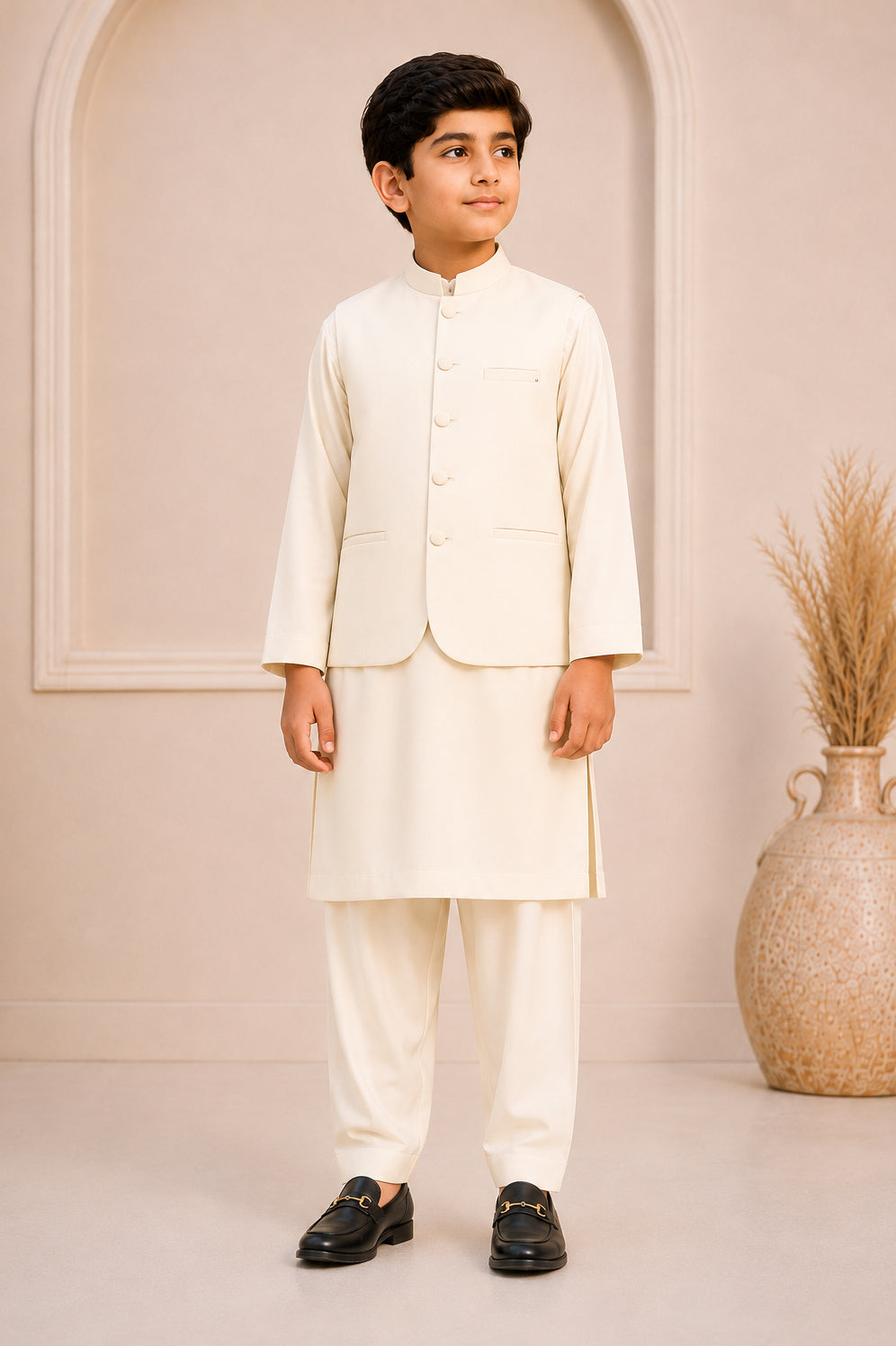 Bosky Kurta Trouser with Blended Waistcoat - Round Cut & Matching Fabric Buttons - Kids