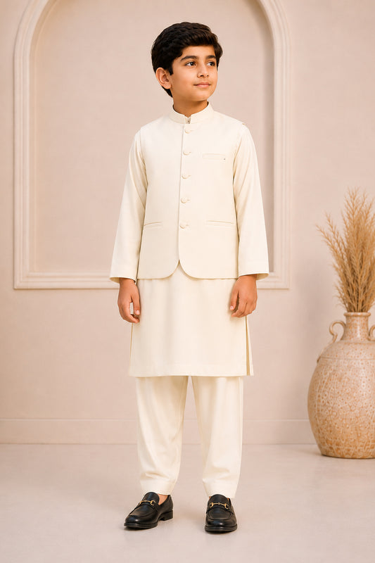 Bosky Kurta Trouser with Blended Waistcoat - Round Cut & Matching Fabric Buttons - Kids