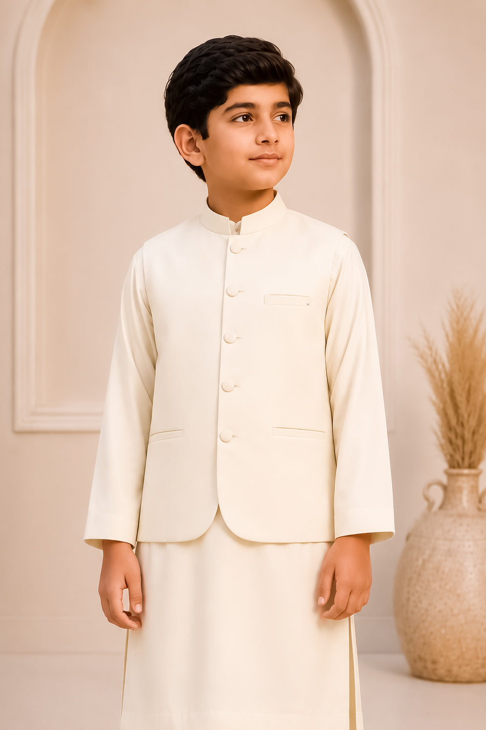 Bosky Kurta Trouser with Blended Waistcoat - Round Cut & Matching Fabric Buttons - Kids