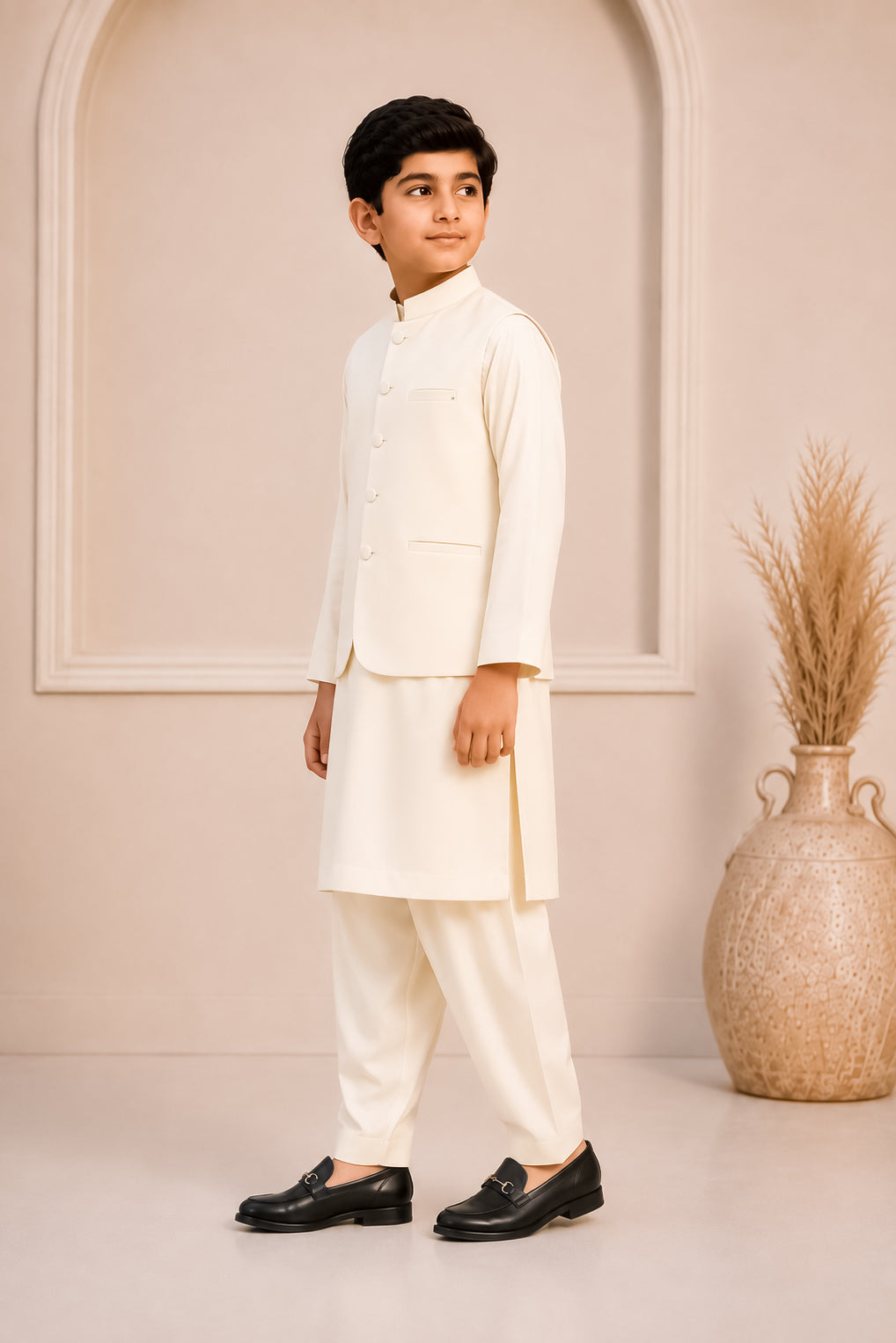 Bosky Kurta Trouser with Blended Waistcoat - Round Cut & Matching Fabric Buttons - Kids