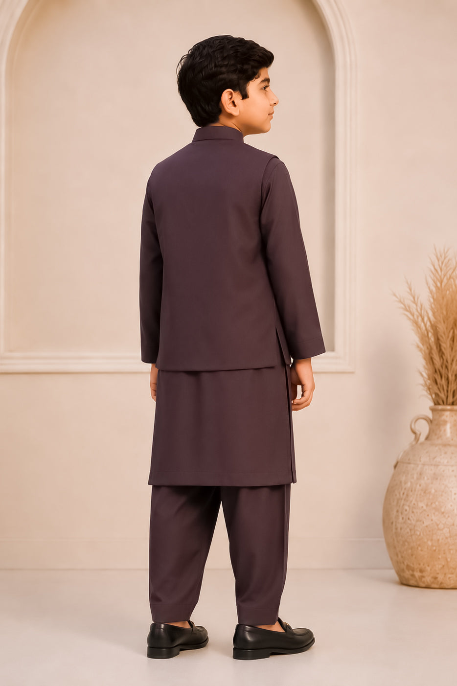 Chocolate Brown Kurta Trouser with Blended Waistcoat - Round Cut & Matching Fabric Buttons - Kids