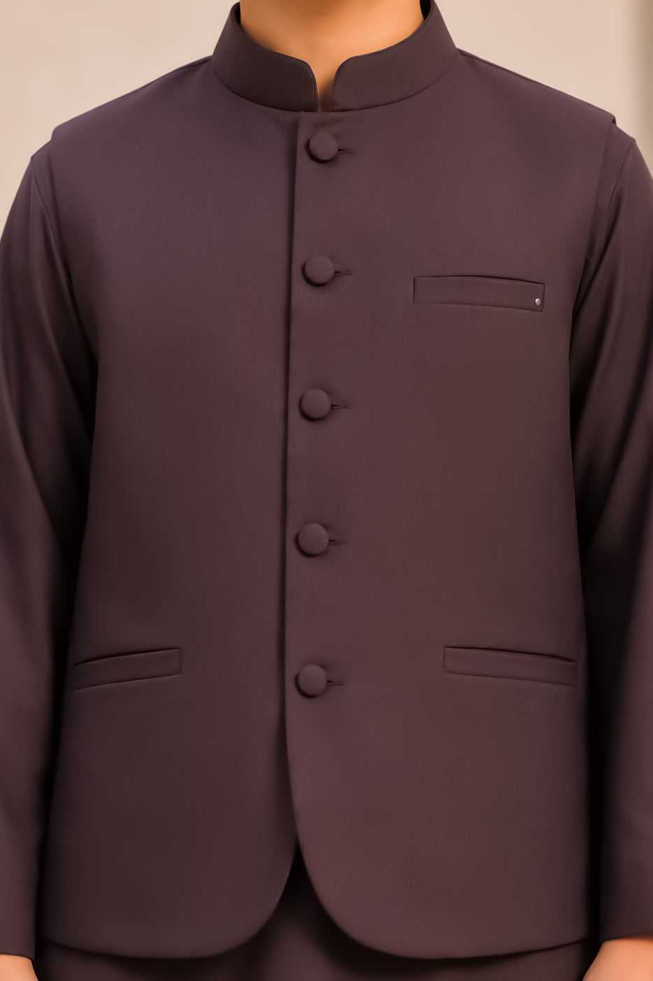 Chocolate Brown Kurta Trouser with Blended Waistcoat - Round Cut & Matching Fabric Buttons - Kids