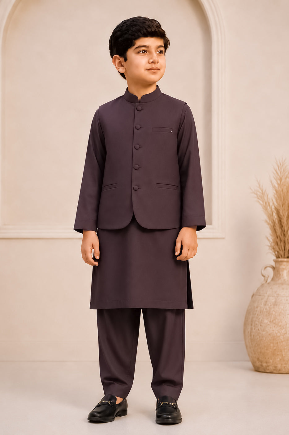 Chocolate Brown Kurta Trouser with Blended Waistcoat - Round Cut & Matching Fabric Buttons - Kids
