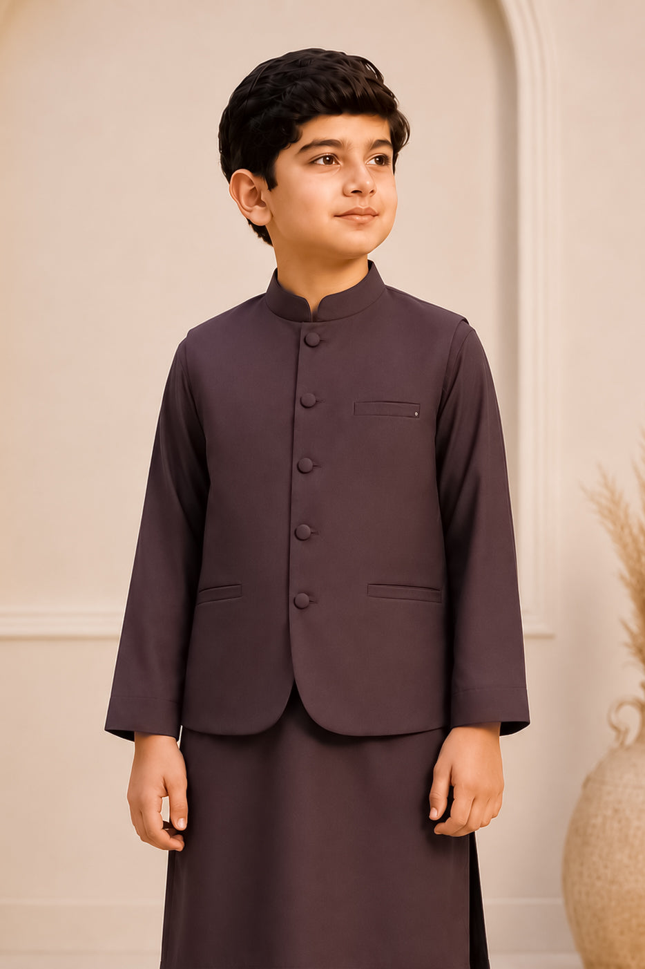 Chocolate Brown Kurta Trouser with Blended Waistcoat - Round Cut & Matching Fabric Buttons - Kids