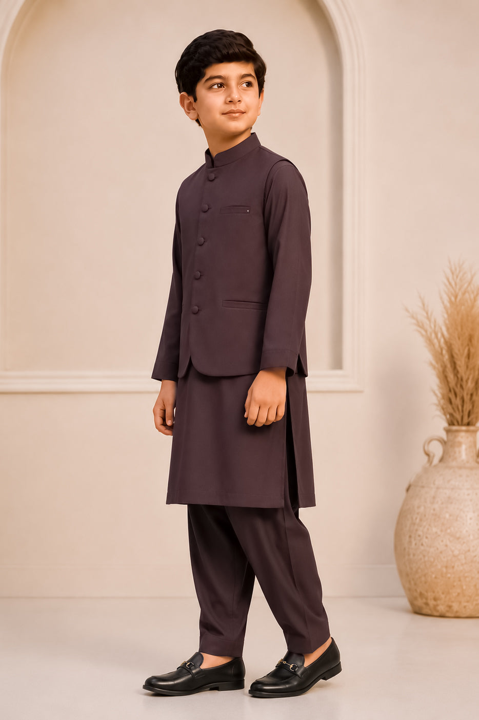 Chocolate Brown Kurta Trouser with Blended Waistcoat - Round Cut & Matching Fabric Buttons - Kids