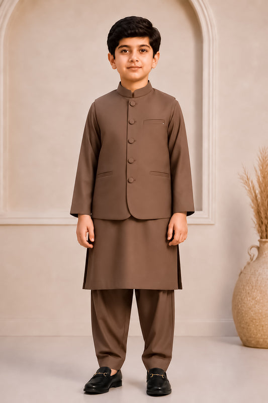 Coffee Brown Kurta Trouser with Blended Waistcoat - Round Cut & Matching Fabric Buttons - Kids