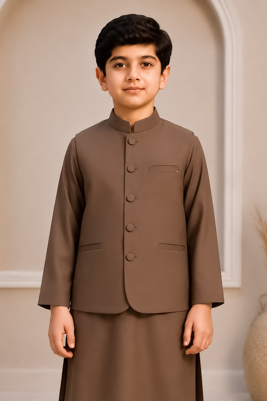 Coffee Brown Kurta Trouser with Blended Waistcoat - Round Cut & Matching Fabric Buttons - Kids