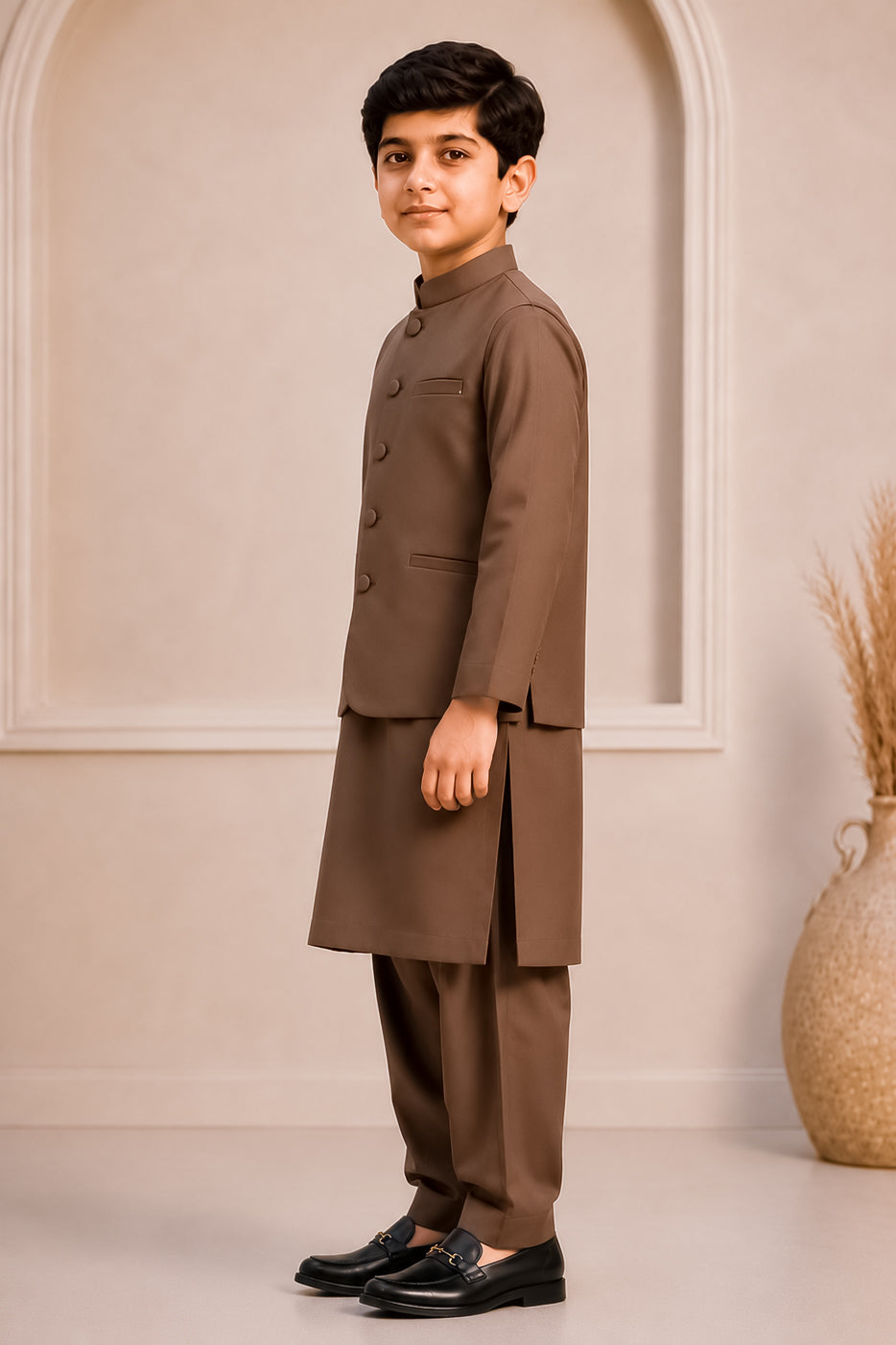 Coffee Brown Kurta Trouser with Blended Waistcoat - Round Cut & Matching Fabric Buttons - Kids