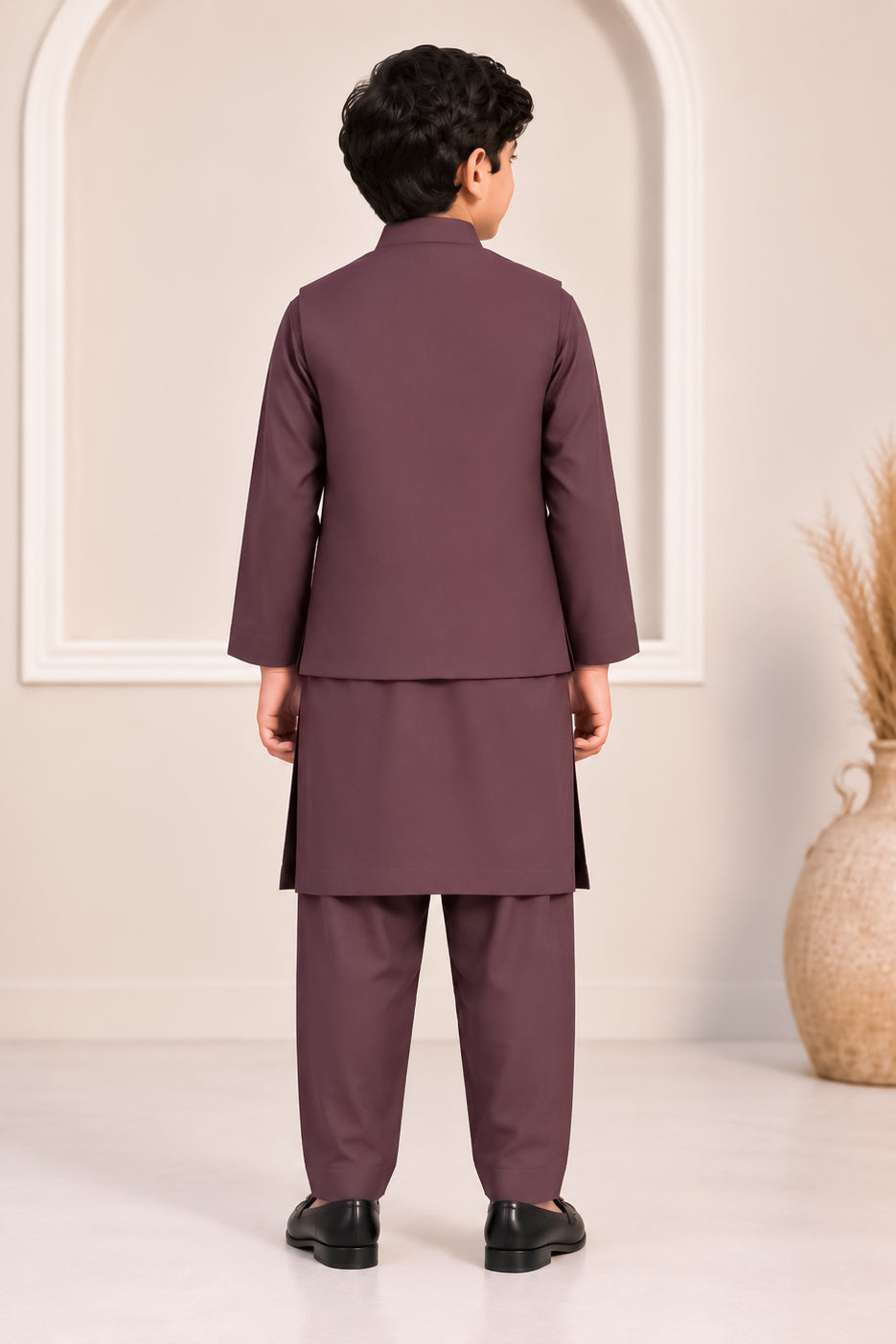 Dark Marron Kurta Trouser with Blended Waistcoat - Round Cut & Matching Fabric Buttons - Kids