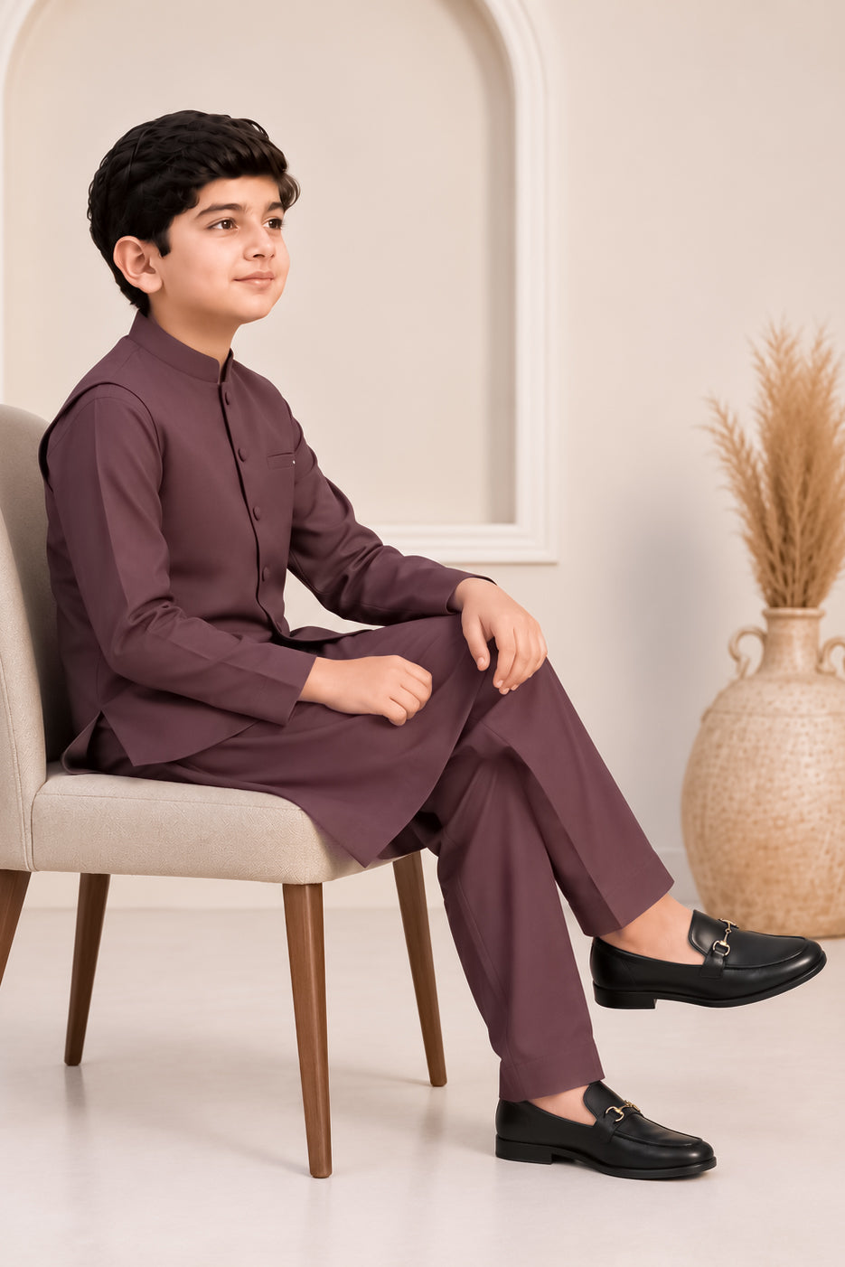 Dark Marron Kurta Trouser with Blended Waistcoat - Round Cut & Matching Fabric Buttons - Kids