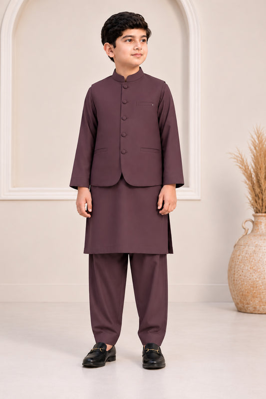 Dark Marron Kurta Trouser with Blended Waistcoat - Round Cut & Matching Fabric Buttons - Kids