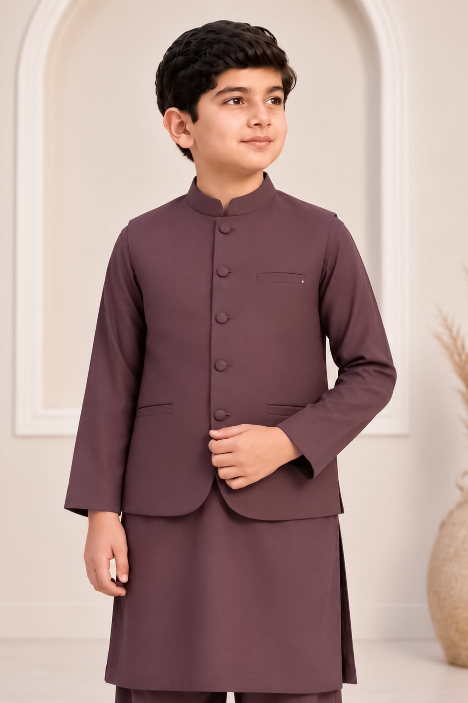 Dark Marron Kurta Trouser with Blended Waistcoat - Round Cut & Matching Fabric Buttons - Kids