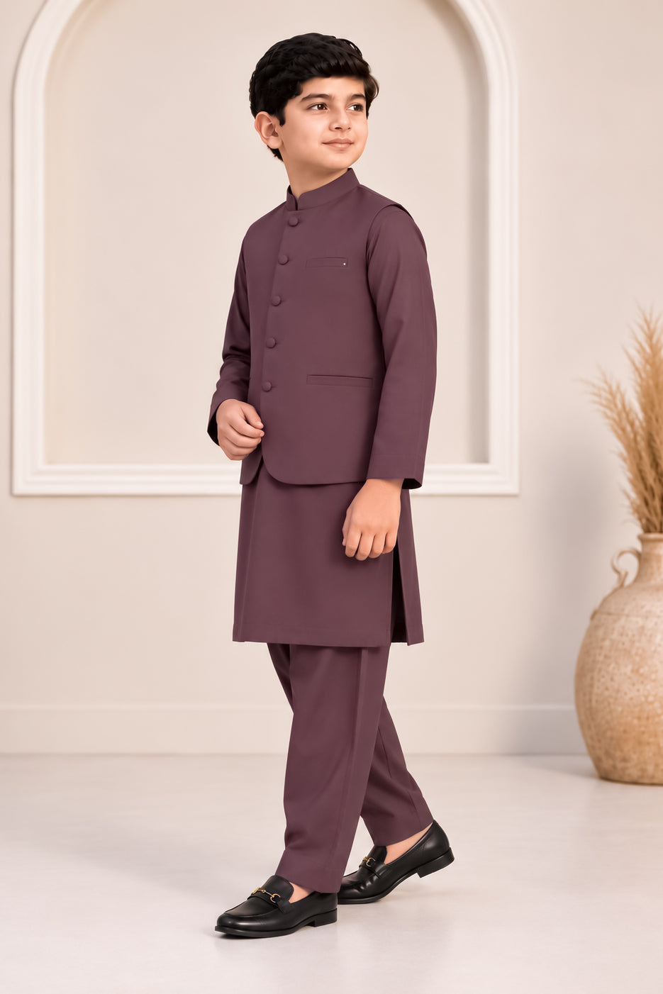 Dark Marron Kurta Trouser with Blended Waistcoat - Round Cut & Matching Fabric Buttons - Kids