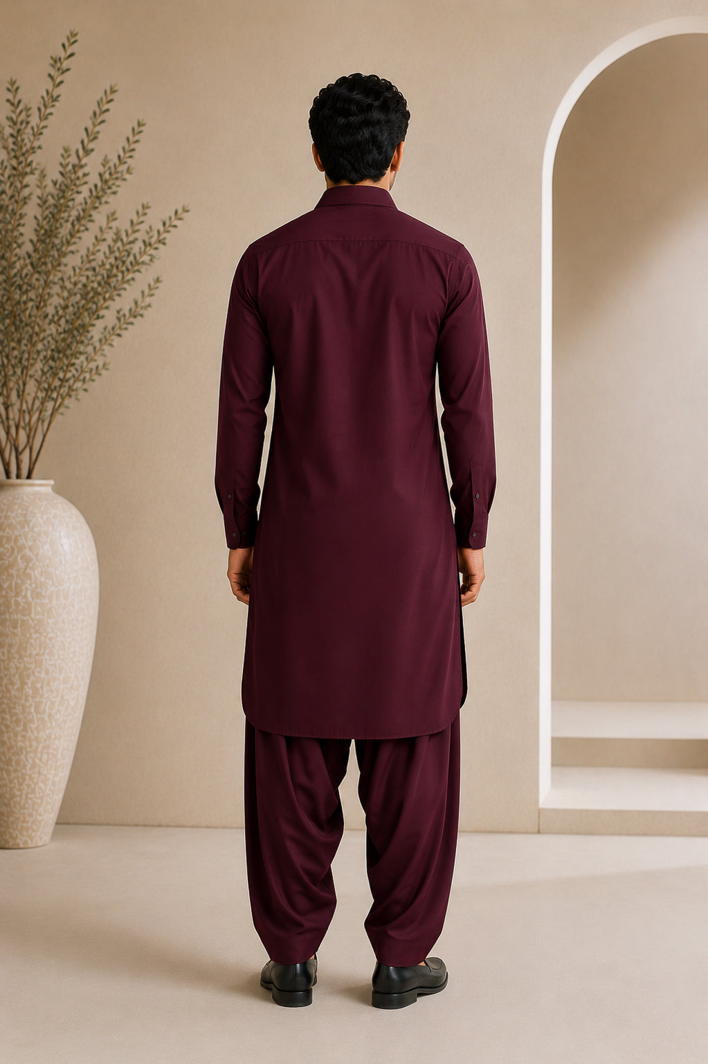 Dark Marron French Collar Shalwar Kameez - Stitched