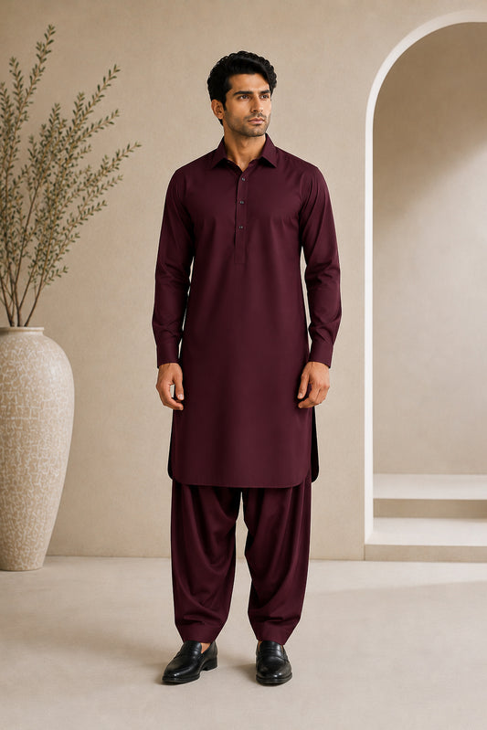 Dark Marron French Collar Shalwar Kameez - Stitched