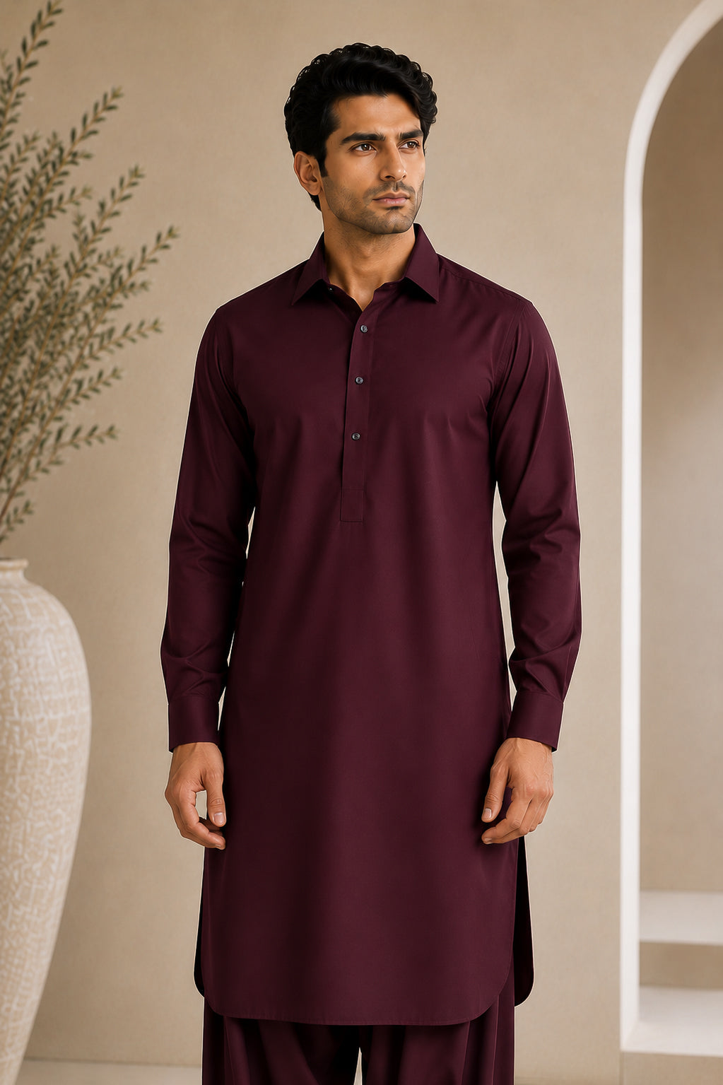 Dark Marron French Collar Shalwar Kameez - Stitched