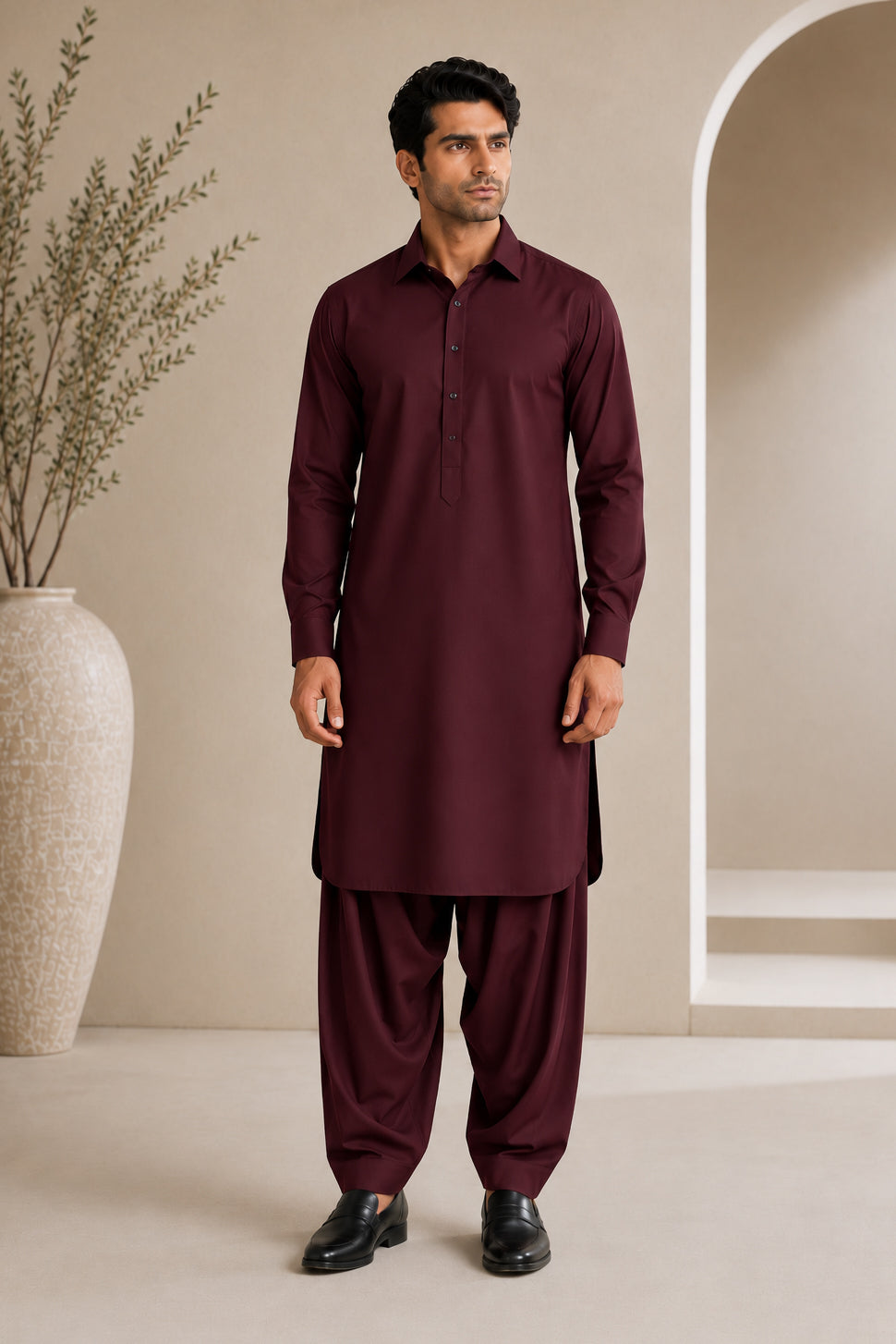 Dark Marron French Collar Shalwar Kameez - Stitched