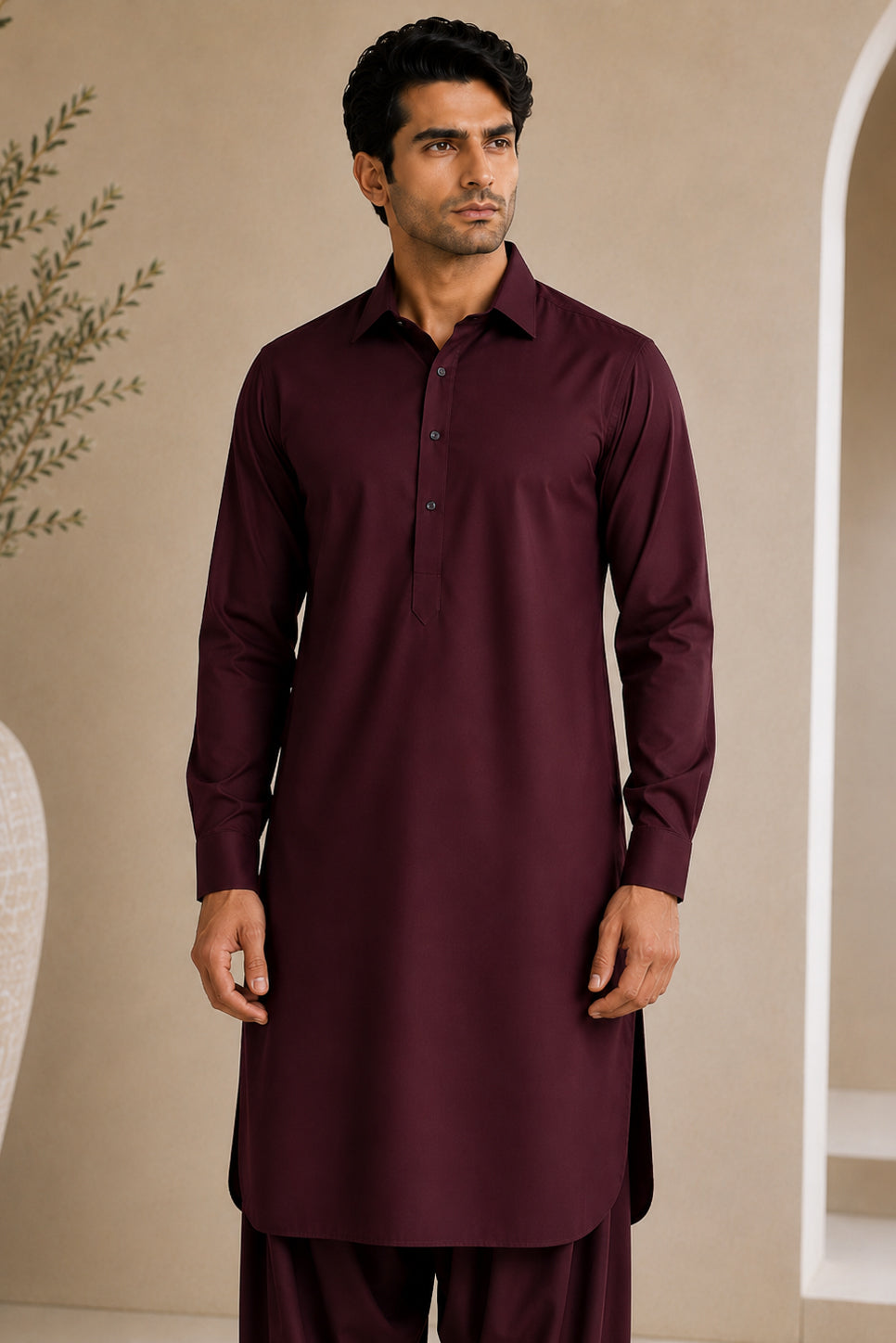 Dark Marron French Collar Shalwar Kameez - Stitched