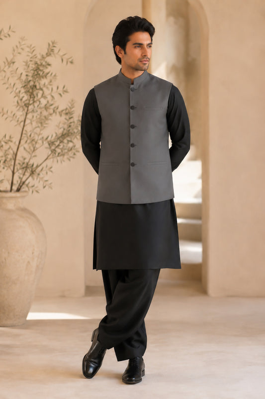 Black Kurta Shalwar with Gray Suiting Waistcoat - Straight Cut - Men