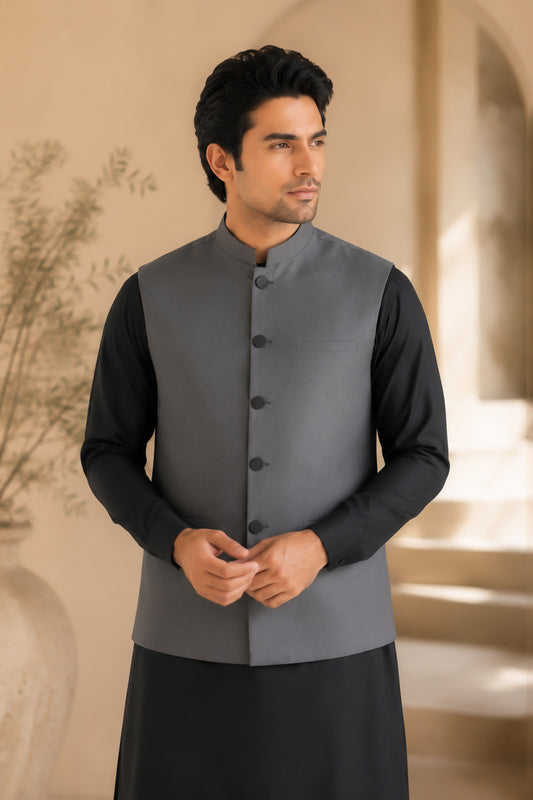 Gray Suiting Waistcoat - Straight Cut Buttoned - Men