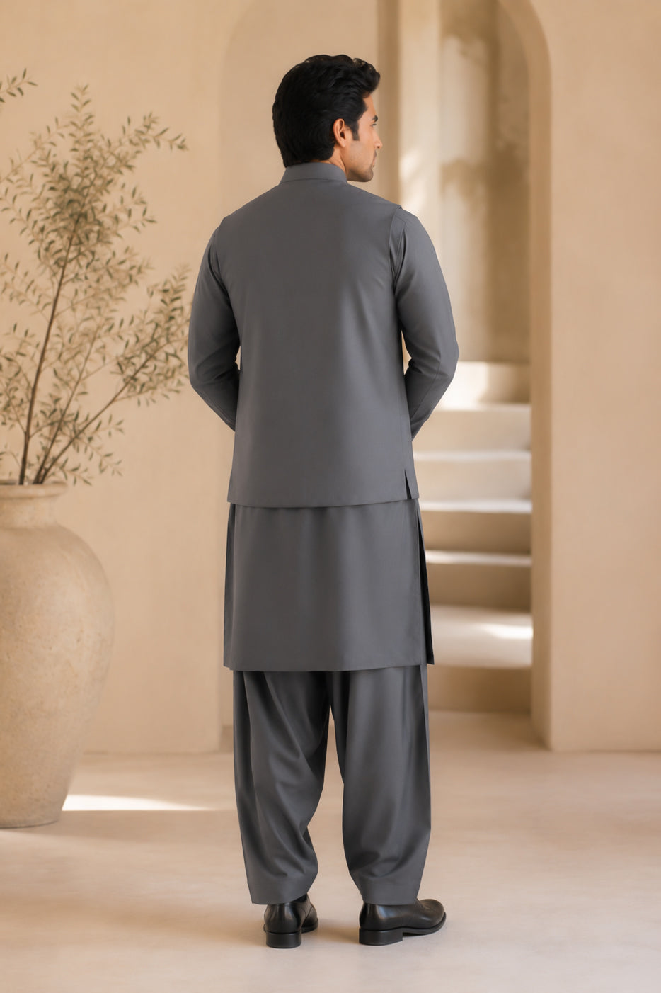 Gray Kurta Shalwar with Suiting Waistcoat - Straight Cut - Men