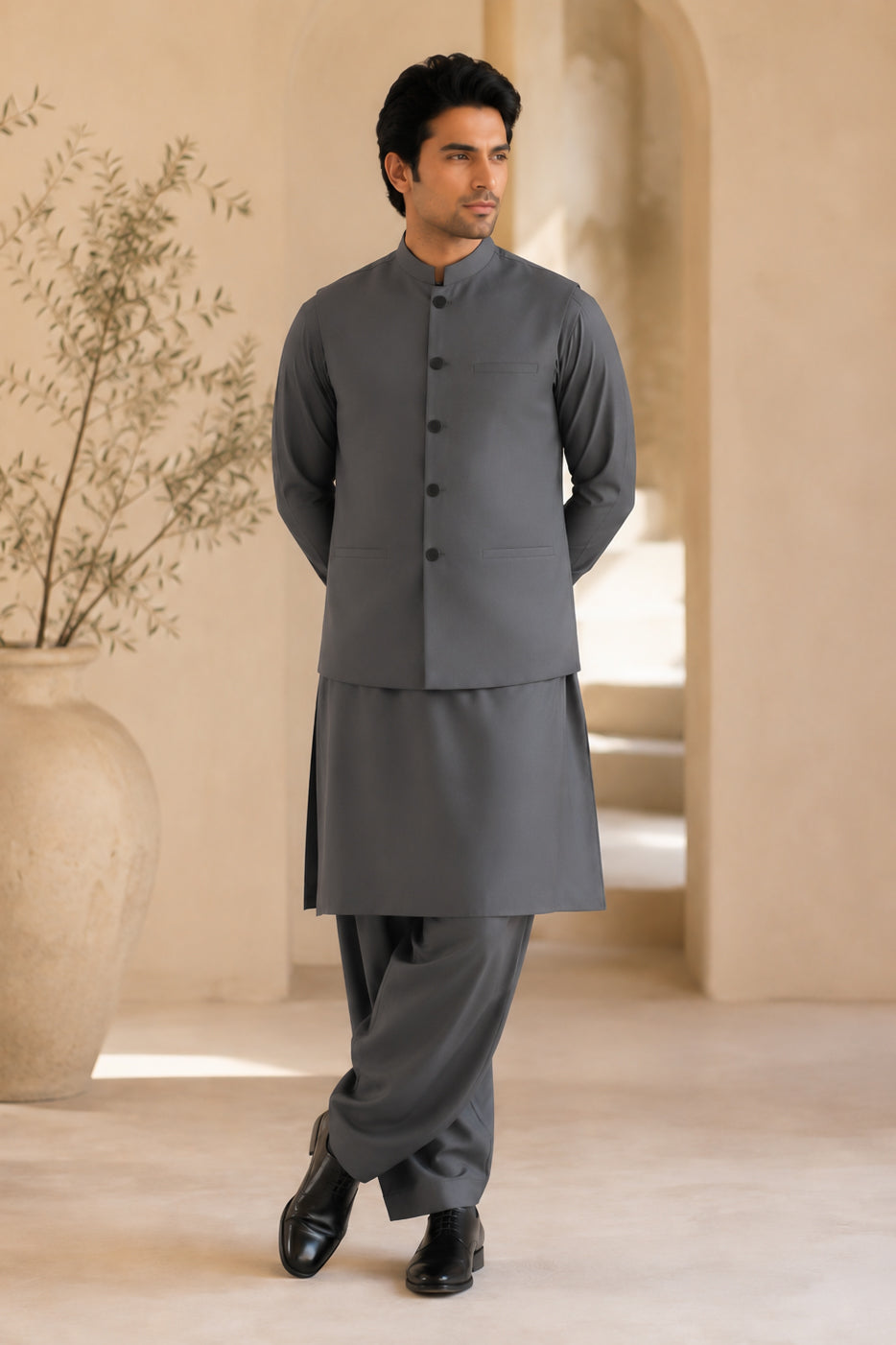 Gray Kurta Shalwar with Suiting Waistcoat - Straight Cut - Men