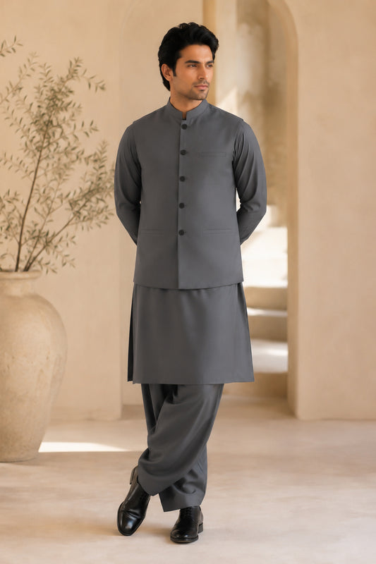 Gray Kurta Shalwar with Suiting Waistcoat - Straight Cut - Men