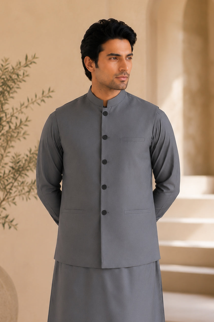 Gray Kurta Shalwar with Suiting Waistcoat - Straight Cut - Men