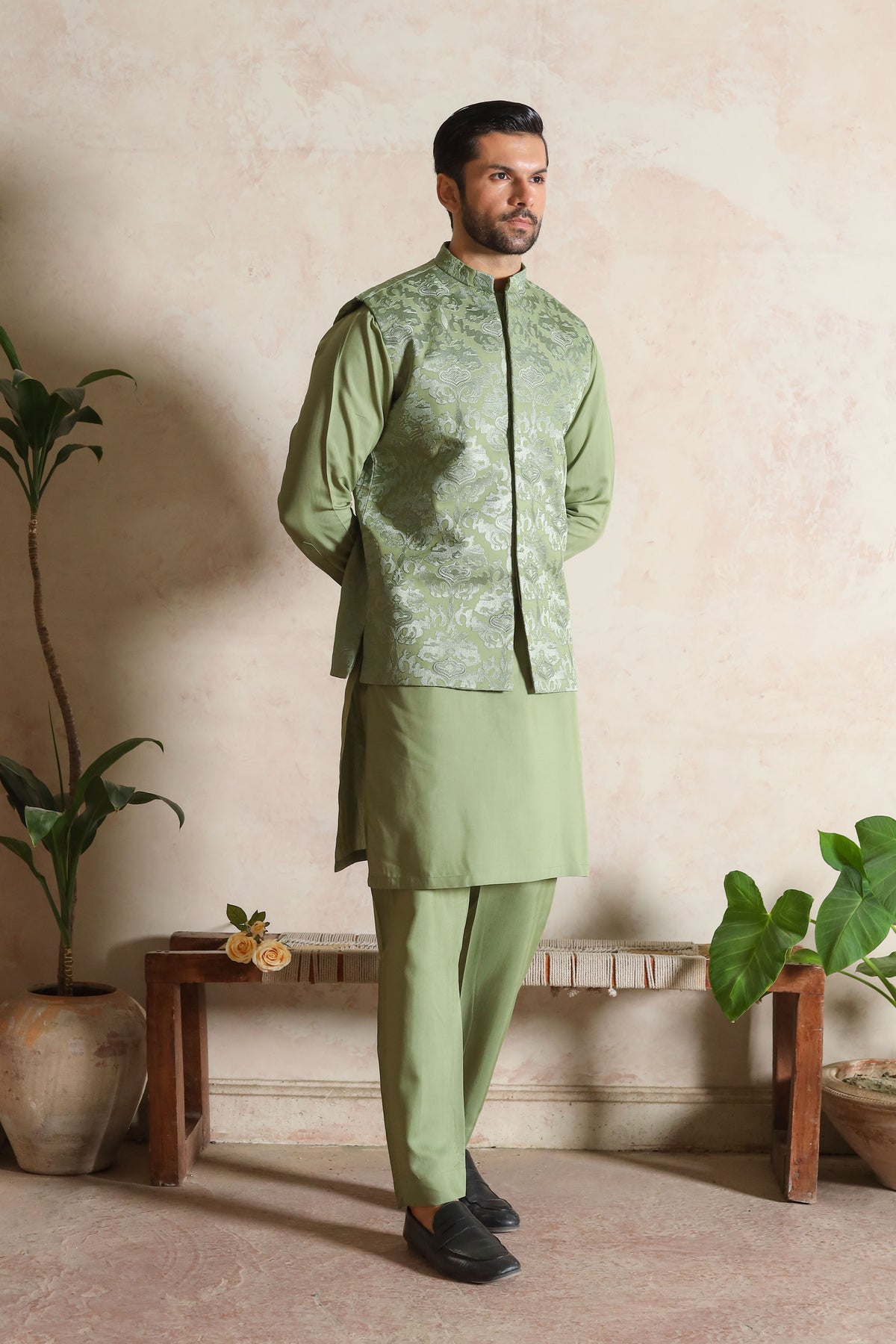 Sage Green Embroidered Waistcoat with Kurta Trouser - Men