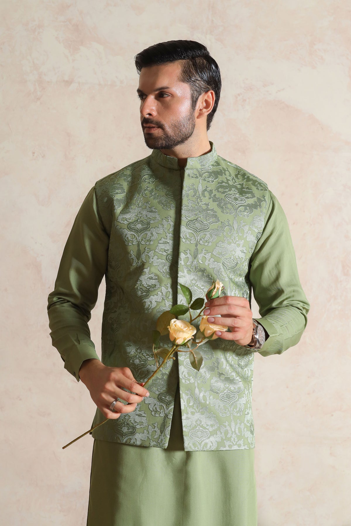 Sage Green Embroidered Waistcoat with Kurta Trouser - Men