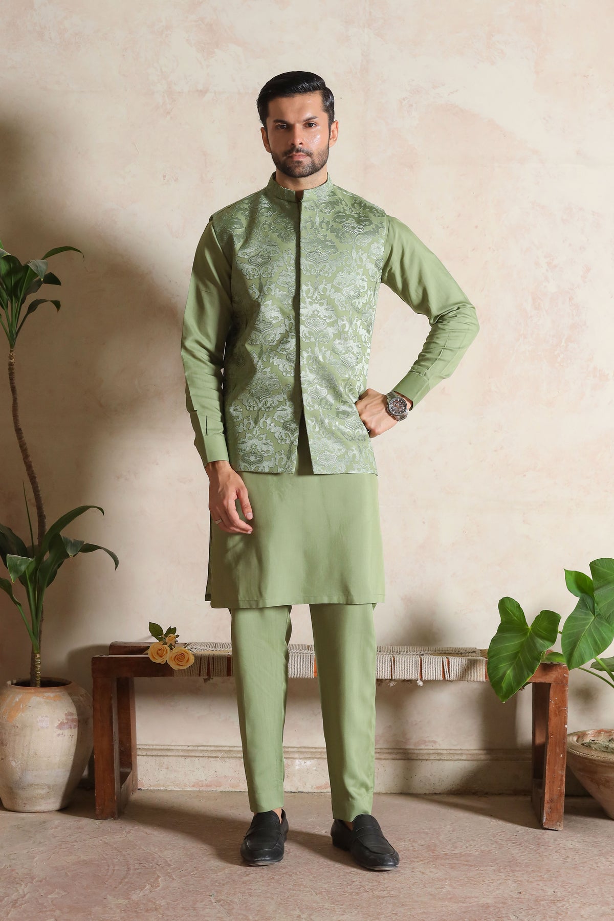 Sage Green Embroidered Waistcoat with Kurta Trouser - Men