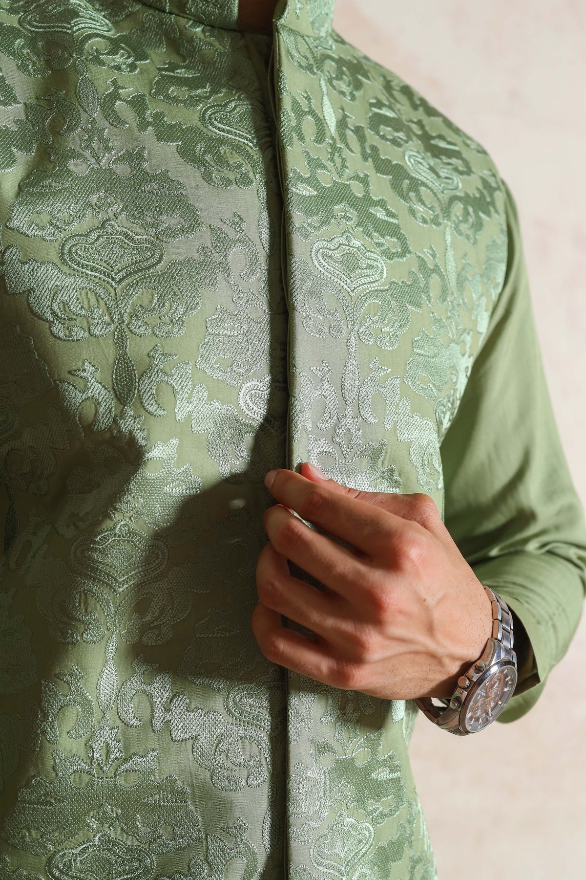 Sage Green Embroidered Waistcoat with Kurta Trouser - Men